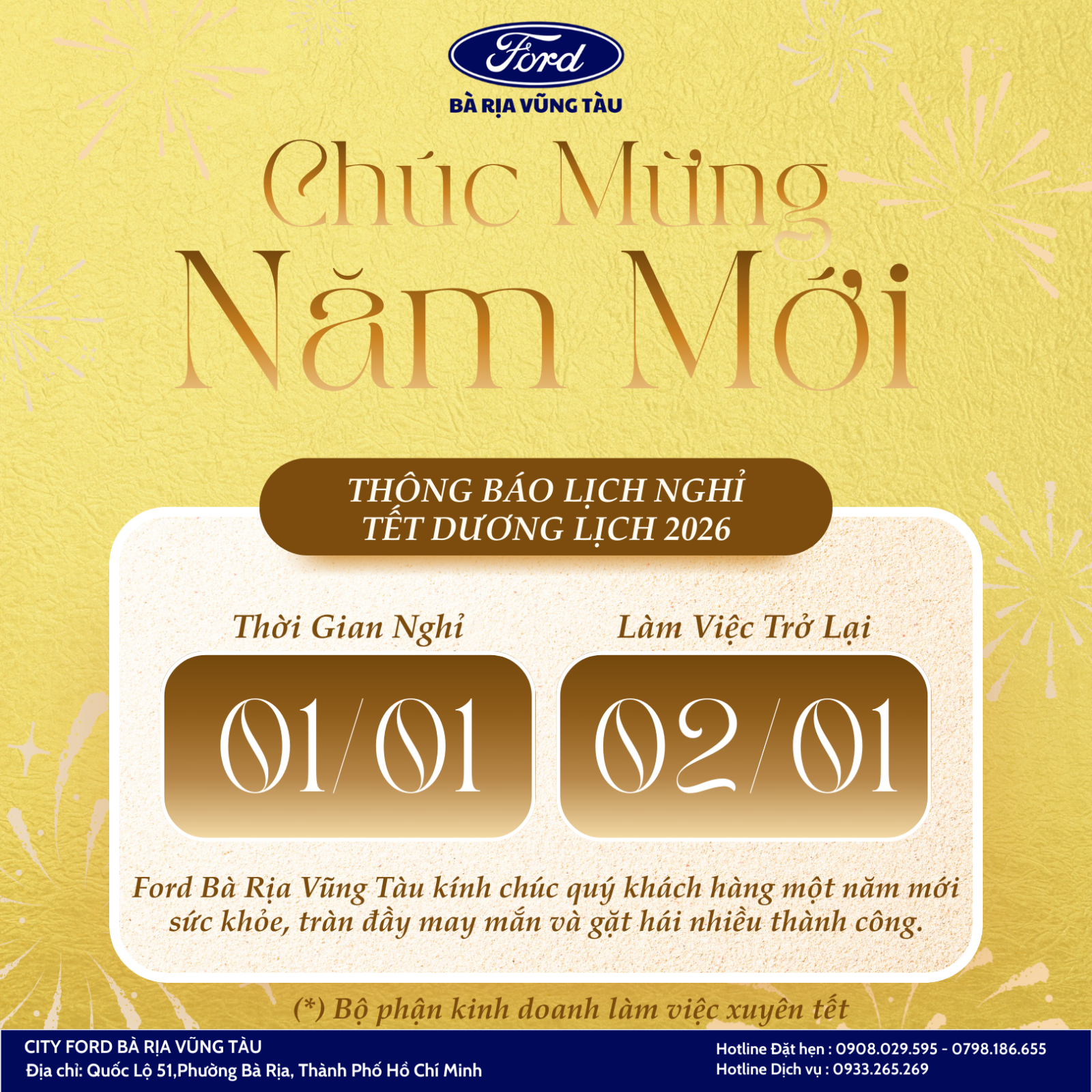 FORD BÀ RỊA VŨNG TÀU THÔNG BÁO LỊCH NGHỈ TẾT DƯƠNG LỊCH 2026